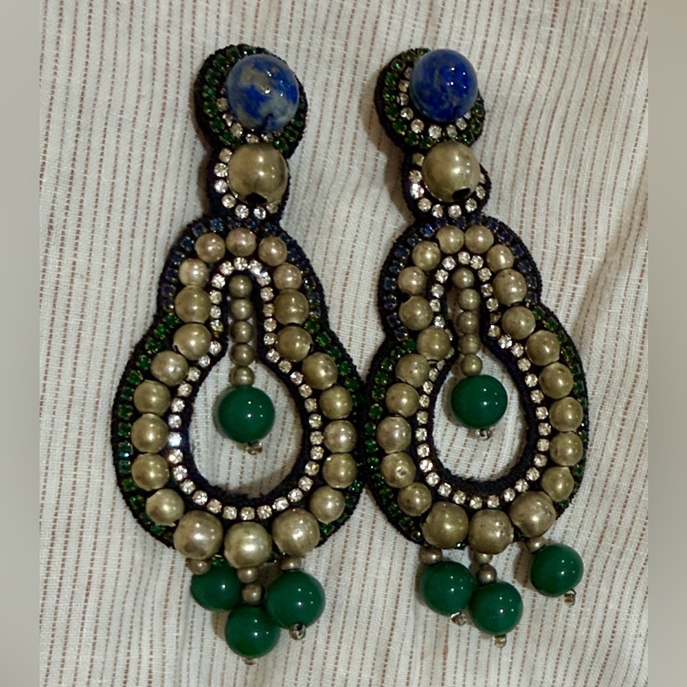 Ranjana Khan Vintage Signed Green Beaded Chandelier Statement Earrings
